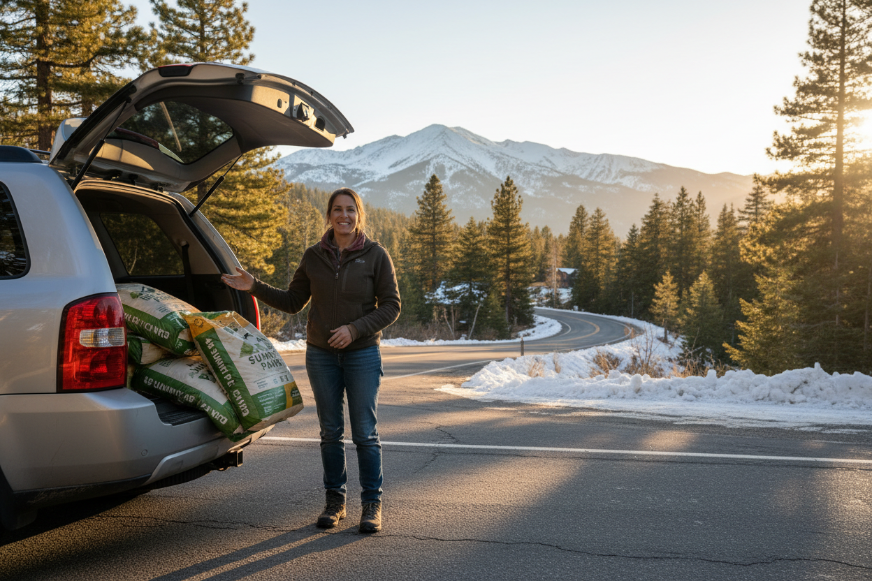 Горы Big Bear / Arrowhead
 • Дорога
 • Утро / вечер
 • Снег / солнце
 • Машина на фоне гор
 • Большие пачки корма для собак и кошек 44 паунда, — «реальная жизнь»
Доставщик кормов стоит на фоне машины,в машине корма,доставка кормов
Фото должно говорить:

«Это делают такие же люди, как я»