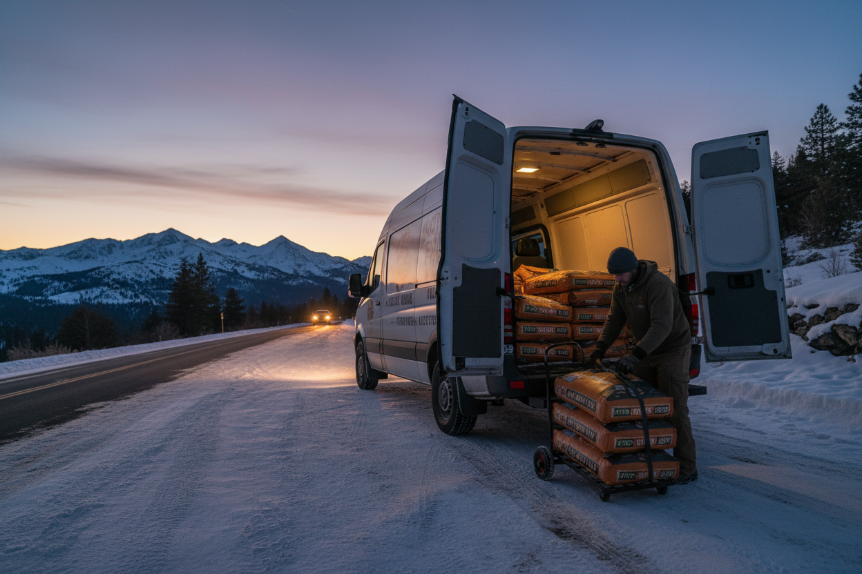 Горы Big Bear / Arrowhead
 • Дорога
 •  вечер
 • Снег 
 • Машина на фоне гор
 • Большие пачки корма для собак и кошек 44 паунда — «реальная жизнь»
Стоит фургон машина на фоне гор,на ее борту я хочу разместить надпись
Фото должно говорить:

«Это делают такие же люди, как я»