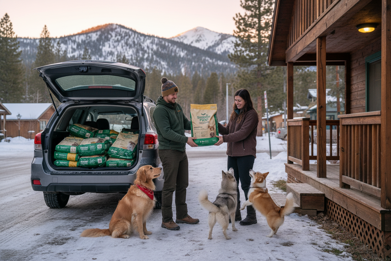 Горы Big Bear / Arrowhead
 • Дорога
 •  вечер
 • Снег 
 • Машина на фоне гор
 • Большие пачки корма для собак и кошек 44 паунда — «реальная жизнь»
Доставщик кормов стоит на фоне машины,в машине корма,доставка кормов,,рядом с ним его собака которая помогает ему доставлять,Нам нужно рассказать как мы это делаем,
Доставляем корма,облегчая жизнь людям,
Человек возле дома клиента отдает корм ,все довольны,собаки рады,
Все происходит в биг бэр сити,реальная
Фото должно говорить:

«Это делают такие же люди, как я»