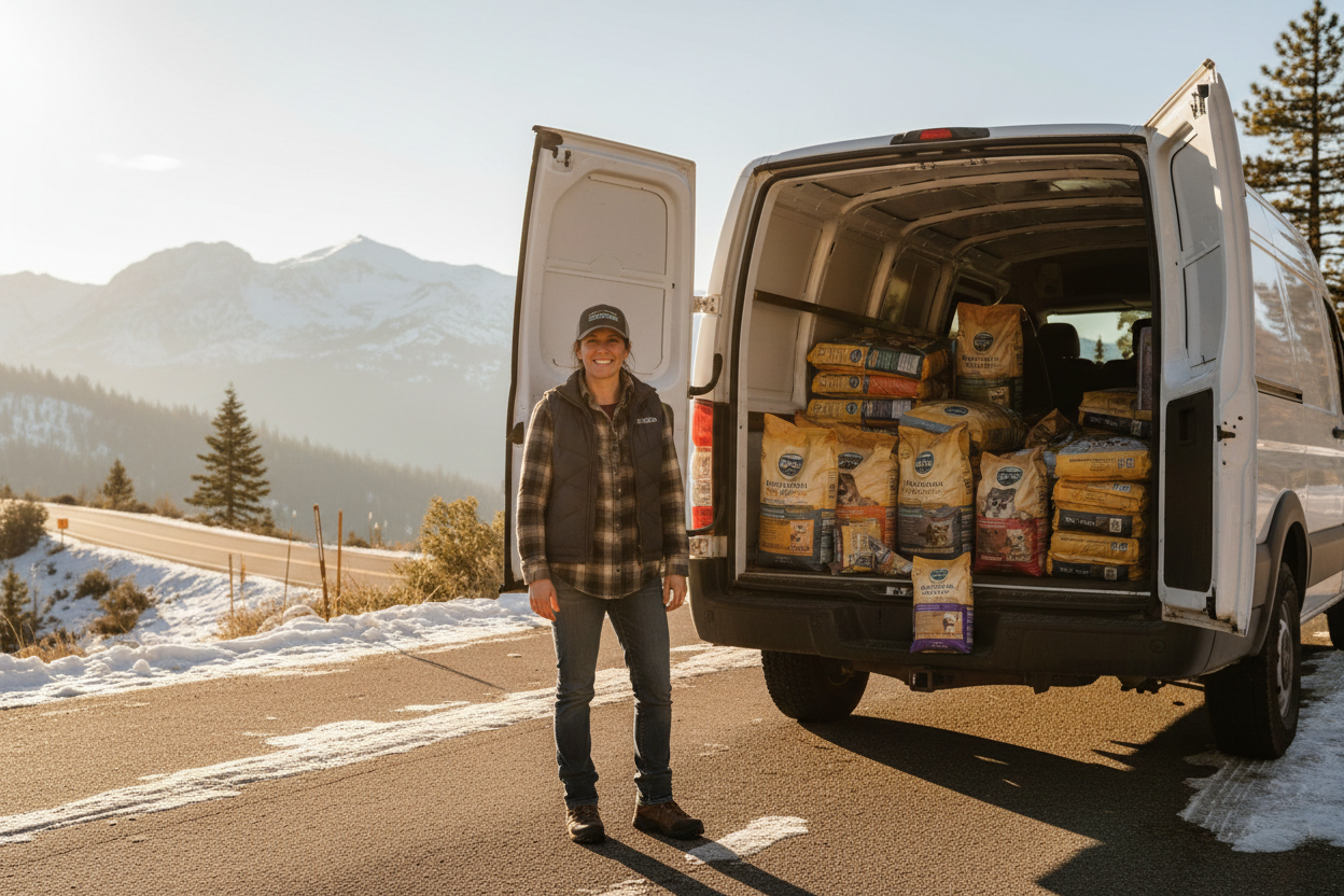 Горы Big Bear / Arrowhead
 • Дорога
 • Утро / вечер
 • Снег / солнце
 • Машина на фоне гор
 Большие пачки корма для собак и кошек 44 паунда— «реальная жизнь»
Доставщик кормов стоит на фоне машины,в машине корма,доставка кормов
Фото должно говорить:

«Это делают такие же люди, как я»