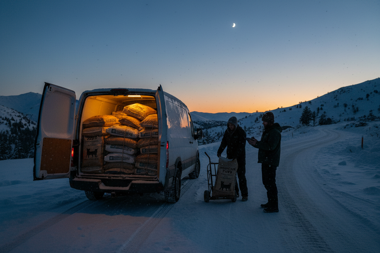 Горы Big Bear / Arrowhead
 • Дорога
 • Поздний вечер солнце село ,а мы еще доставляем корма
 • Снег/moon
 • Машина на фоне гор
 • Большие пачки корма для собак и кошек 44 паунда — «реальная жизнь»
Стоит фургон машина на фоне гор
Фото должно говорить:

«Это делают такие же люди, как я»